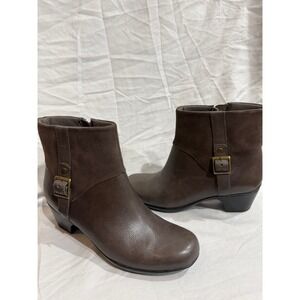 Clarks Women's Ankle Boots Dark Brown Leather Suede Buckle Side Zip Block Heel